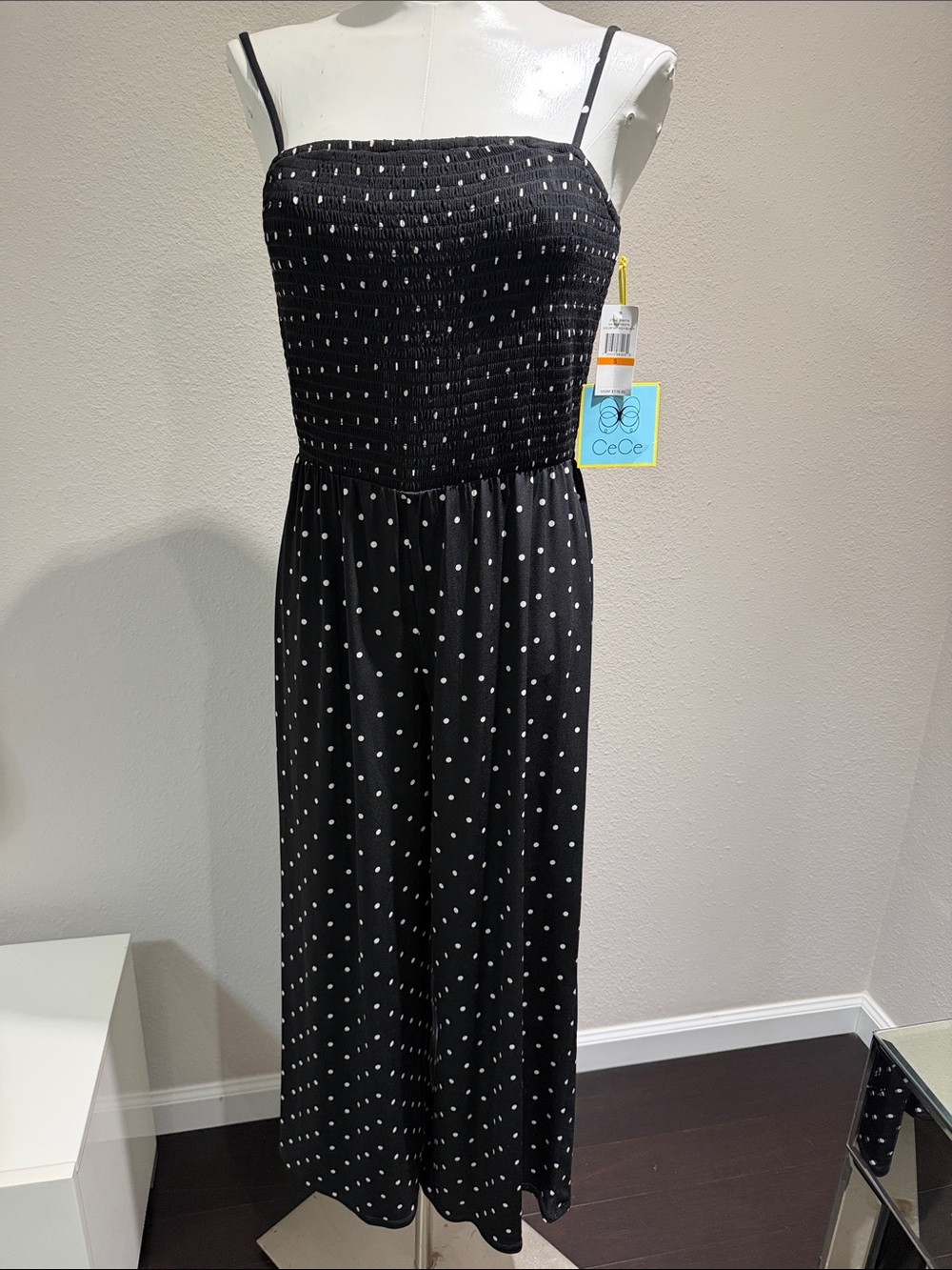 CeCe Black and White Polka Dot Smocked Strap Jumpsuit Sz S